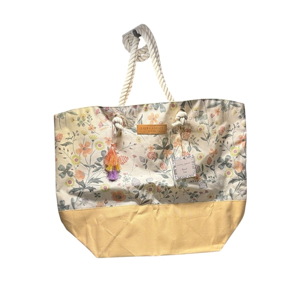 Laura Ashley Floral Canvas Beach Tote Bag Rope Handles Tassel Accent